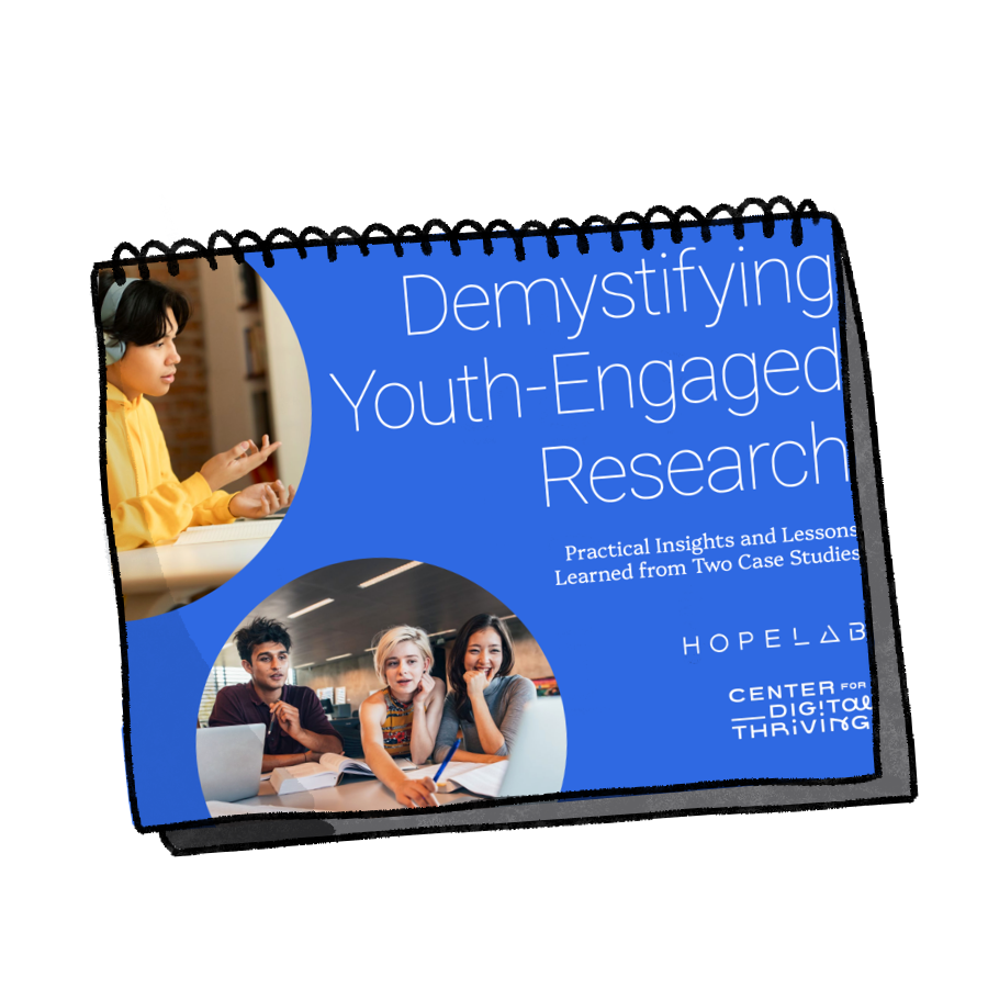 A spiral-bound report cover titled "Demystifying Youth-Engaged Research" featuring images of youths communicating and working.