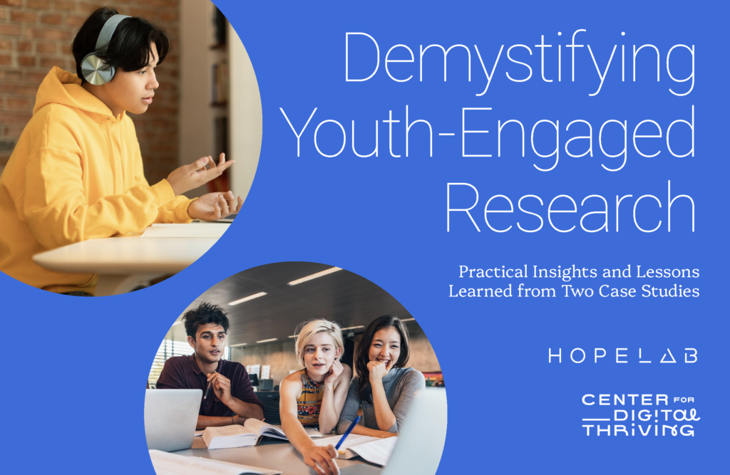 A person in headphones working; three people collaborating at a laptop; text about youth-engaged research insights.